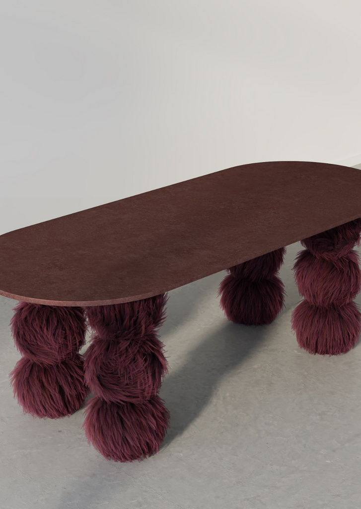 World’s Fluffiest Sphere Table – sculptural upholstered sphere table in custom finish

Close-up of hairy legs on World’s Fluffiest Sphere Table, handcrafted in NSW
