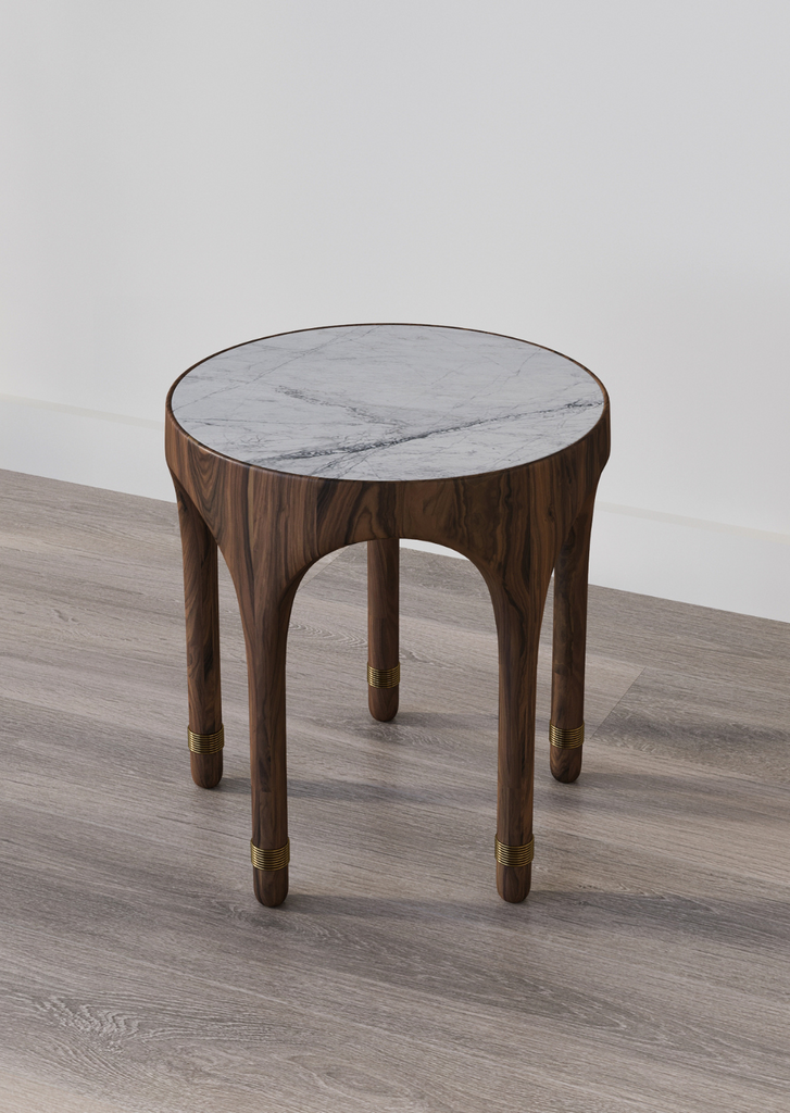 Wela Side Table close-up of brass and aluminum detailing, handcrafted in NSW

Signed edition Wela Side Table with marble inlay